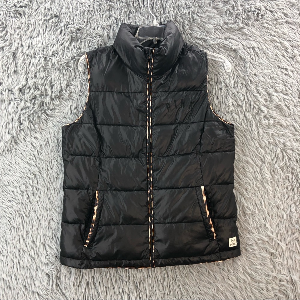 Pink Victorias Secret Jacket Small Black Puffer Full Zip Vest Cheetah Accent